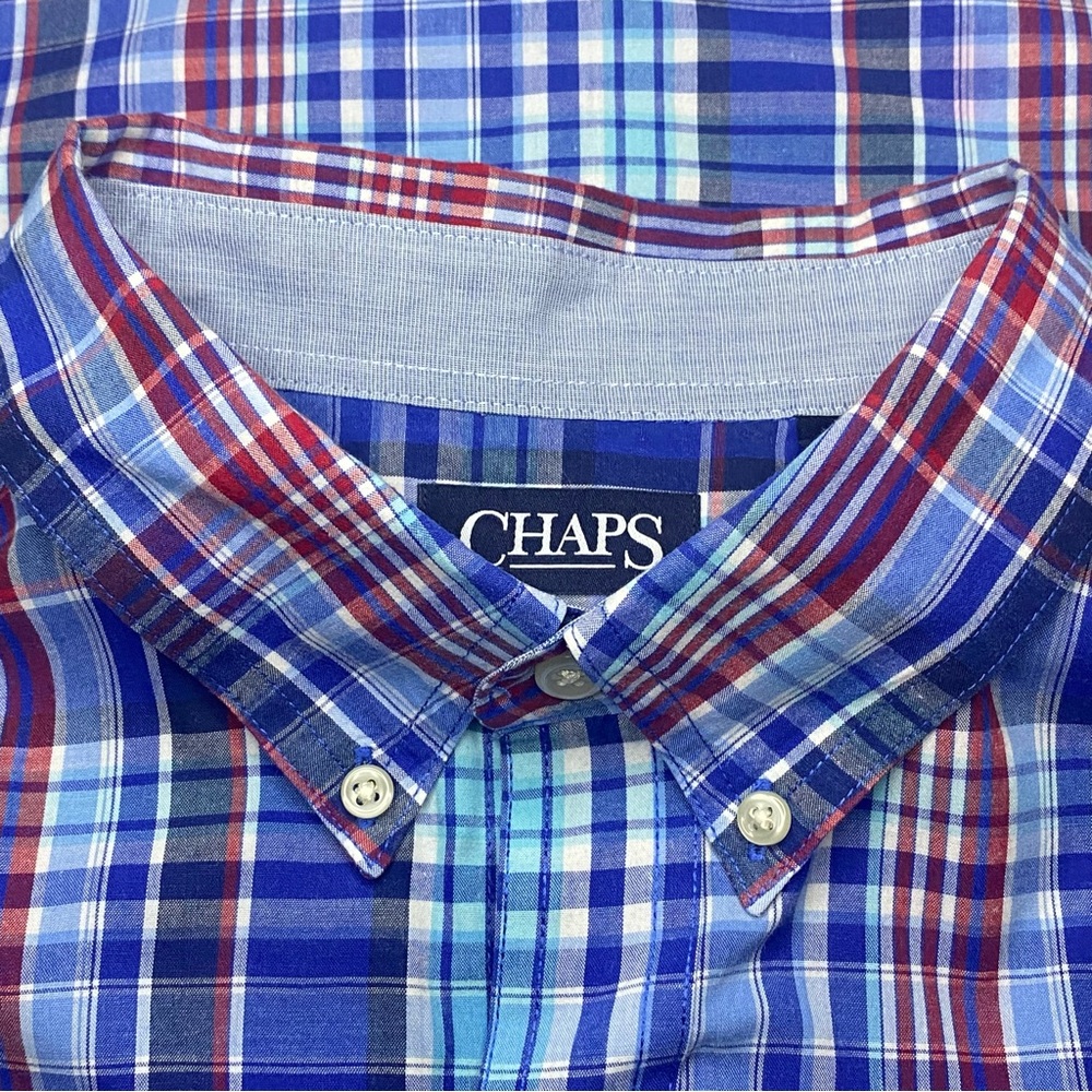 Chaps Plaid Button Down Shirt Men XXL Red Blue Short Sleeve Casual Office Preppy